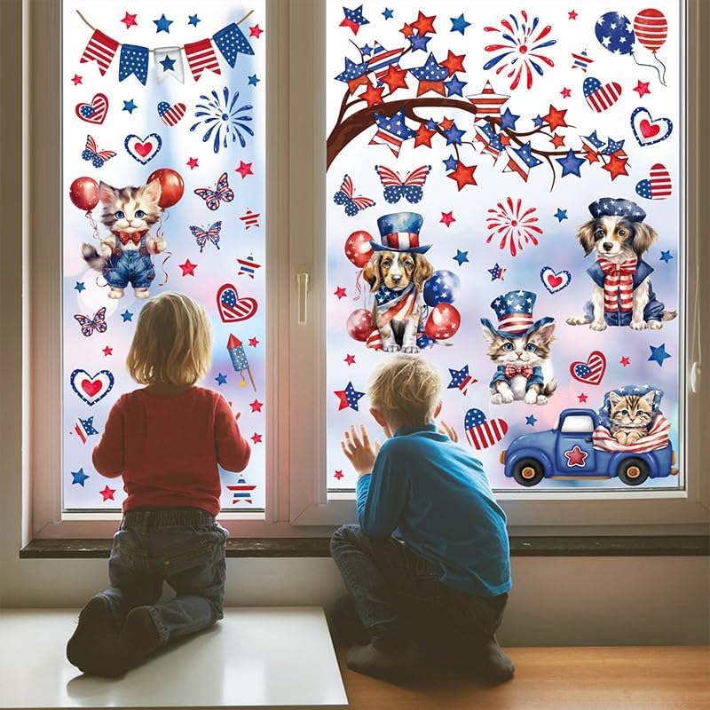 AhfuLife USA 4th of July Window Clings for 250 Years Anniversary, 9 Sheets America Patriotic Themed Window Stickers for Independence Day, Home Office Party Decorations(Style A)