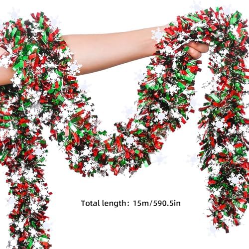 50 Feet Green Red Christmas Metallic Tinsel Twist Hanging Garland with Snowflake for Home Mantle Xmas Tree Staircase Railing New Year Holiday Party Indoor Outdoor Decorations