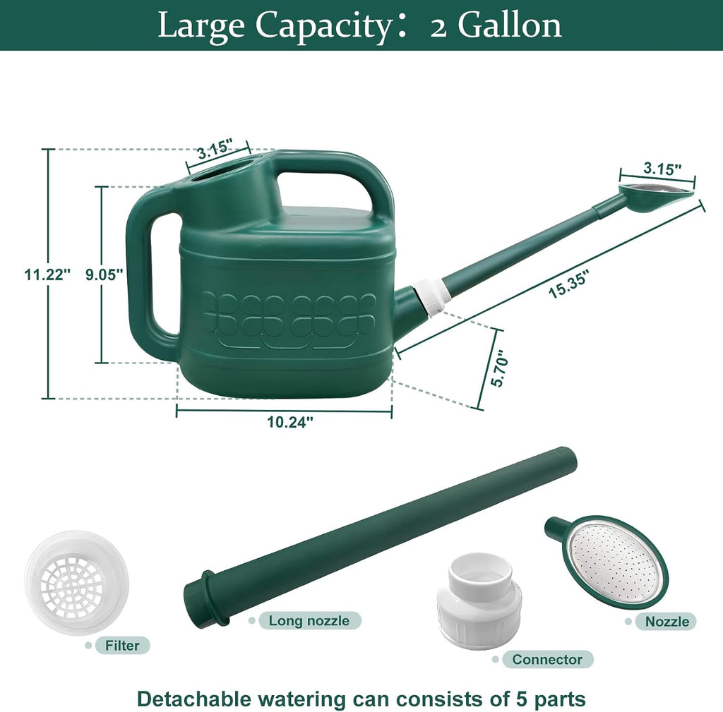2 Gallon Watering Can, Large Garden Watering Can for Outdoor Plants | Removable Long Spout, Detachable Stainless Steel