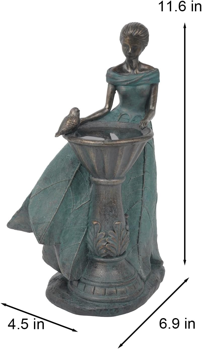 DiliComing Fairy Outdoor Statue Garden Decor with Solar Birdbath 12 Inch | Resin Leaf Girls Birdbath Sculpture
