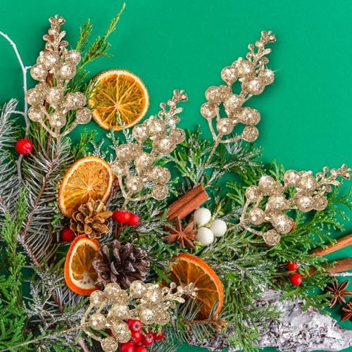 Geosar 36 Pcs Christmas Glittered Berries Stems, Champagne