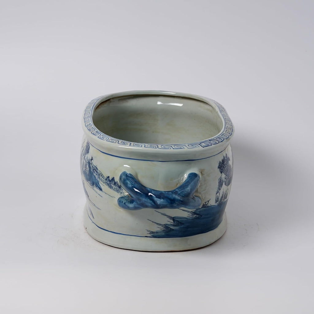 JINDEZHEN Vintage Blue and White Flower & Birds Porcelain Footbath Planter Chinoiserie Scenery Motif Ceramic Flower Pot