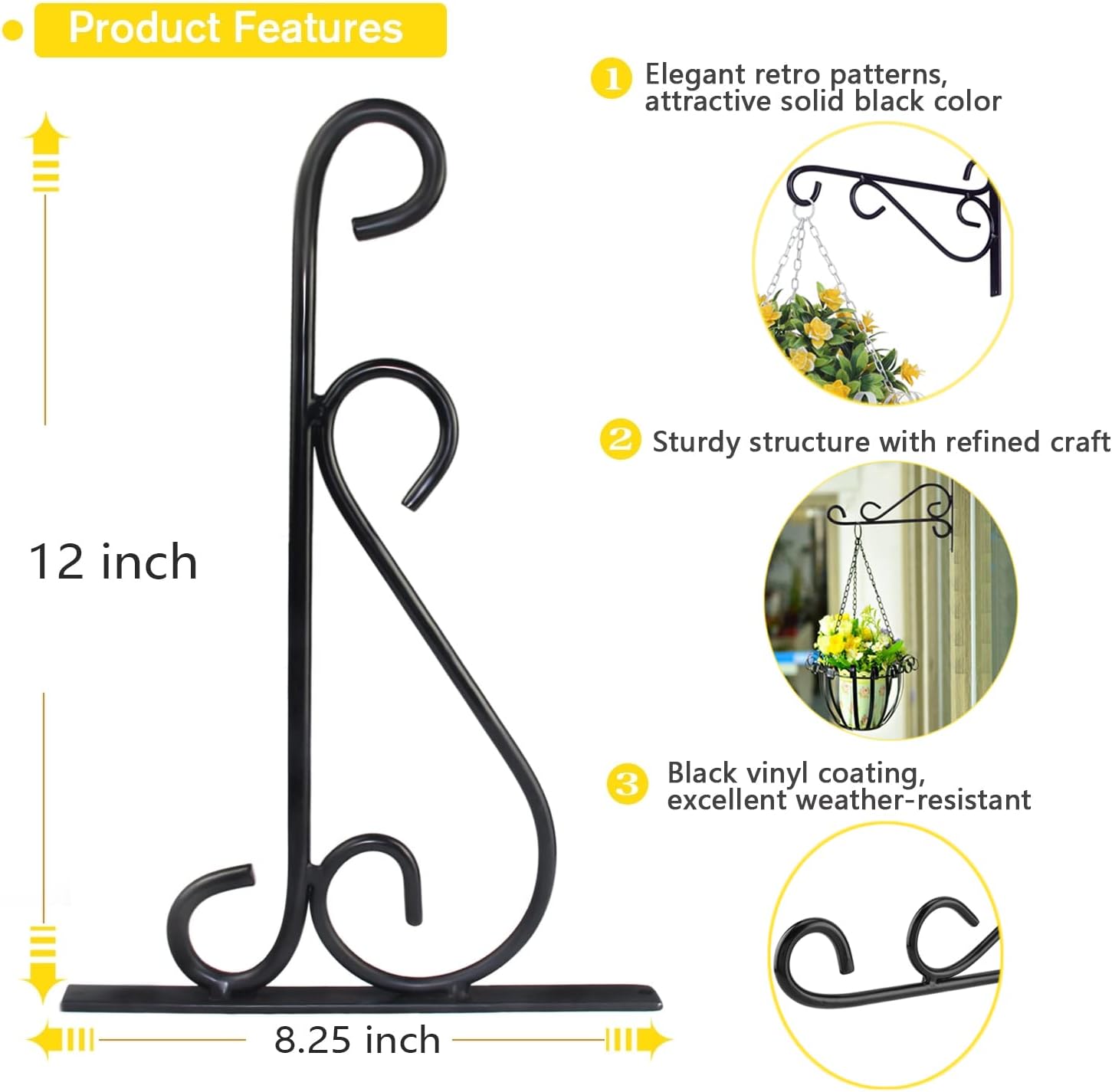 Hanging Plant Brackets, 2pcs 12 Inch Heavy Duty Wall Mount Bracket Strong Durable Rust-Resistant Plant Hanger Hook with