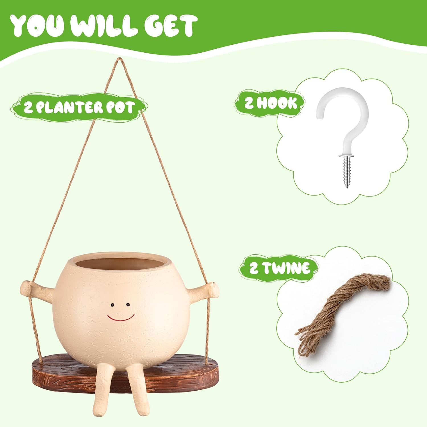 2 Pcs Swing Hanging Planter Cute Smile Flower Face Pot Indoor Outdoor Pots for Succulent String of Pearls Plants Plant
