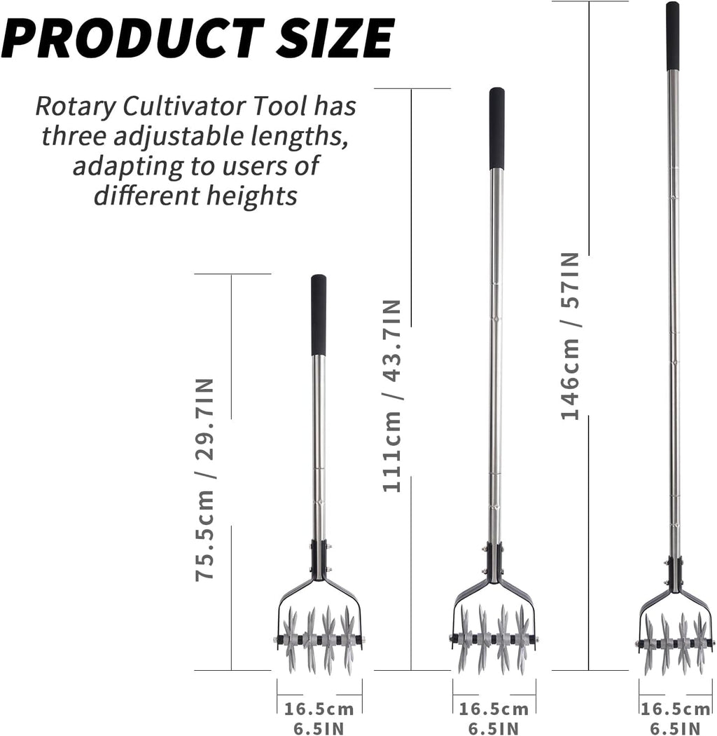 BARAYSTUS Rotary Cultivator Garden Tool, Adjustable Hand Tiller 29.7-57in | Long handle steel cultivator, for aerating