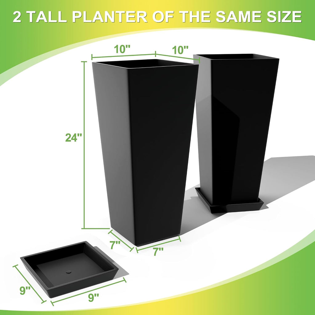 TUYOHW 24-Inch Tall Planters for Outdoor Plants, Set of 2, Black | Square tapered plastic planters with drainage trays