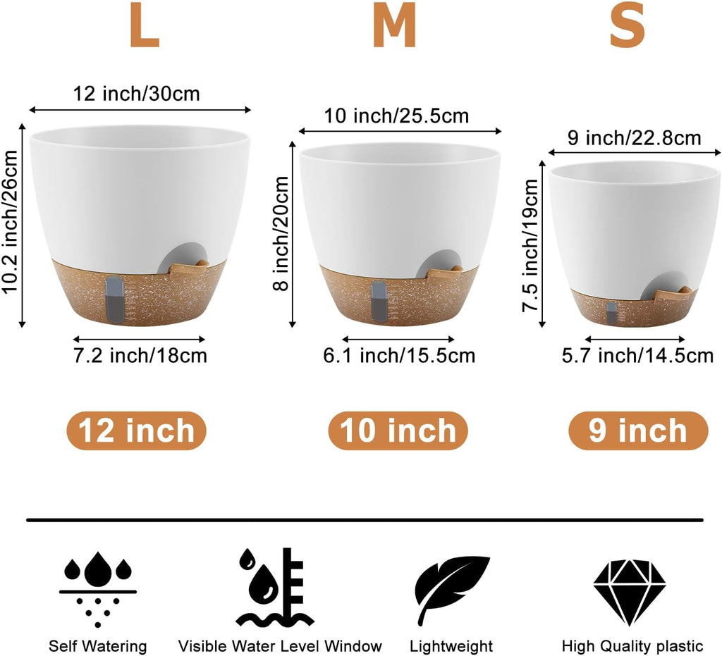 QRRICA 12/10/9 Inch Self-Watering Plant Pots with Water Level Indicator, Drainage Holes & Saucers – Large Plastic