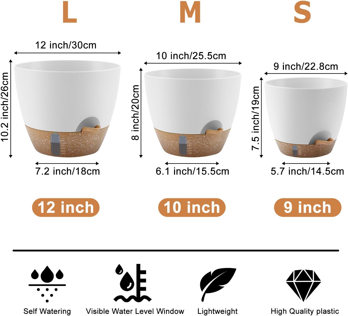 QRRICA 12/10/9 Inch Self-Watering Plant Pots with Water Level Indicator, Drainage Holes & Saucers – Large Plastic