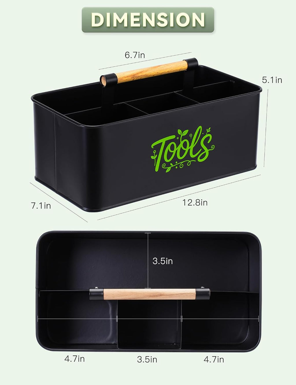 Gardening Tool Caddy, Wooden Handle and 4 Compartments | Metal Black Garden Tool Basket, Large Capacity Garden Caddy