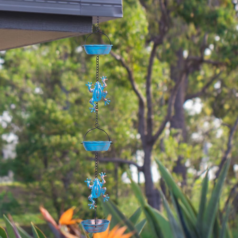 11.4FT Frog Rain Chains for Outside Gutters, Eaves, Drainage | 12 Cups, Metal Rain Chain, Adjustable Length, Functional