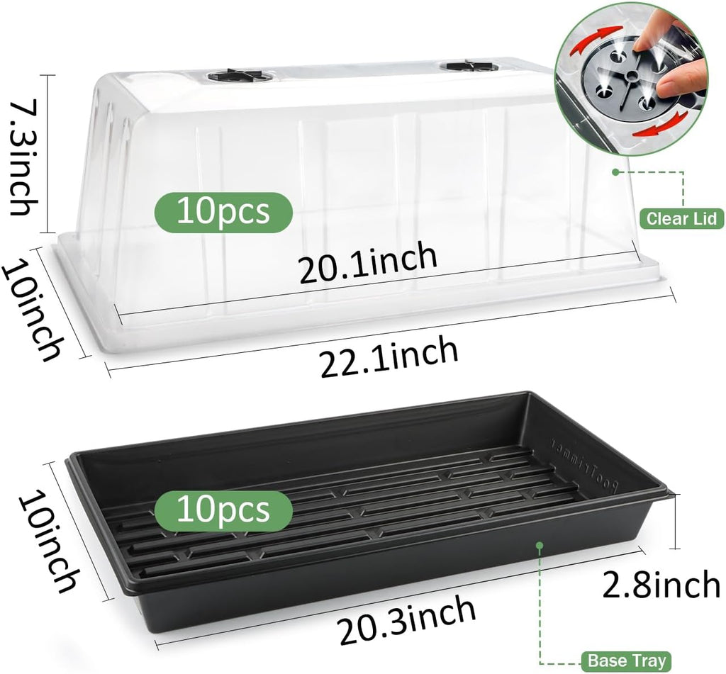 1020 Seed Starting Trays with Tall 7.3" Humidity Dome, No Hole, 10-Pack | Heavy Duty Plant Tray with High Lid for