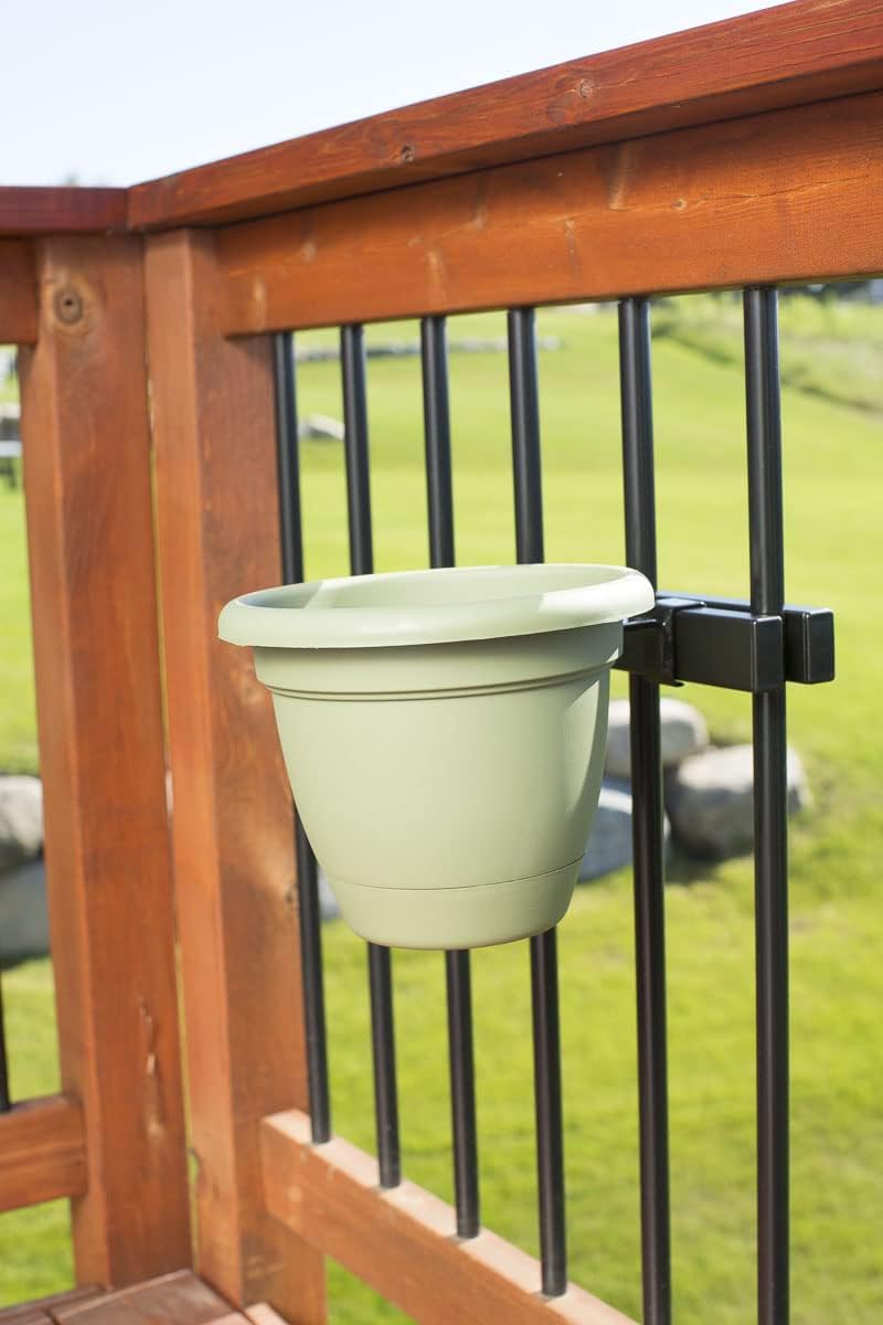 Deck Railing Plant Container Holder/Bracket Kit for Round Pot Planters (10") Connects Harmlessly to Vertical Spindled