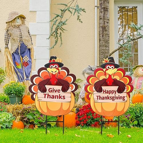 Whaline 2 Pack Fall Thanksgiving Metal Decorative Garden Stake Turkey Pumpkin Welcome Harvest Yard Sign Waterproof for Home Garden Yard Lawn Patio Backyard Walkway Decorations