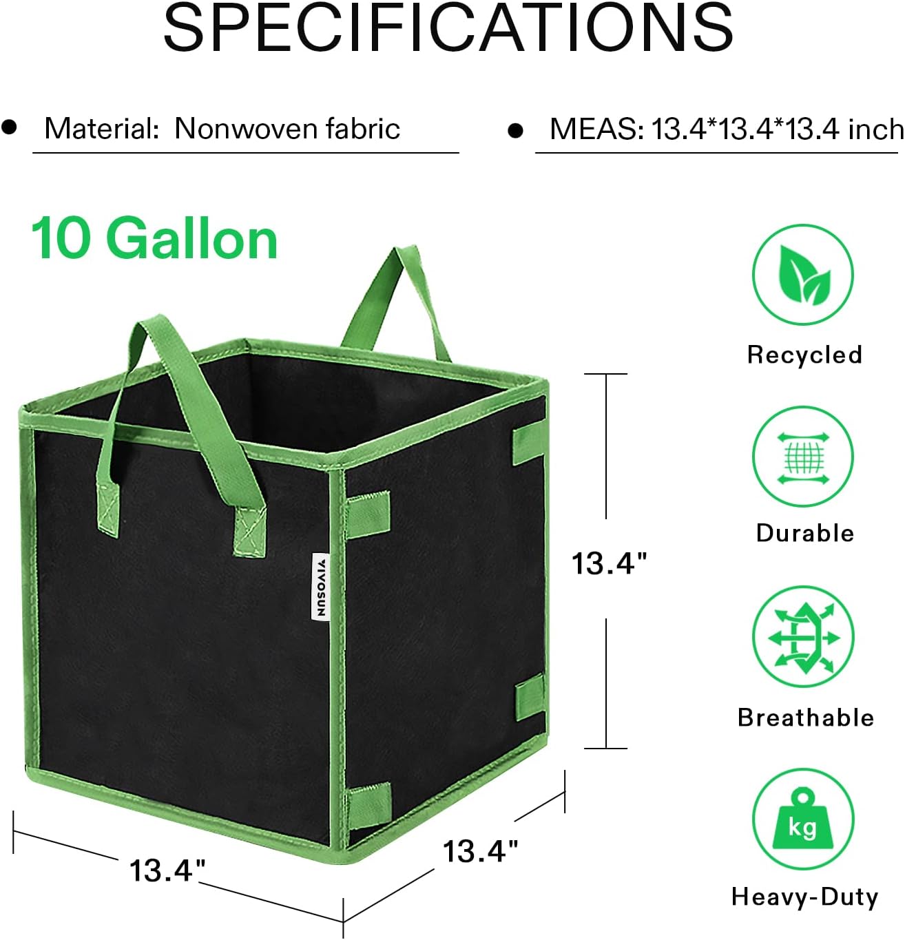 VIVOSUN 5-Pack 10 Gallon Square Plant Grow Bags with Handles | 260G Thickened Fabric, Built-In Stick Holders