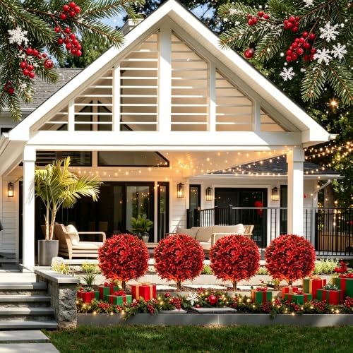 Chillchard 2Pack UV Resistant Red Artificial Boxwood Topiary Fake Plant