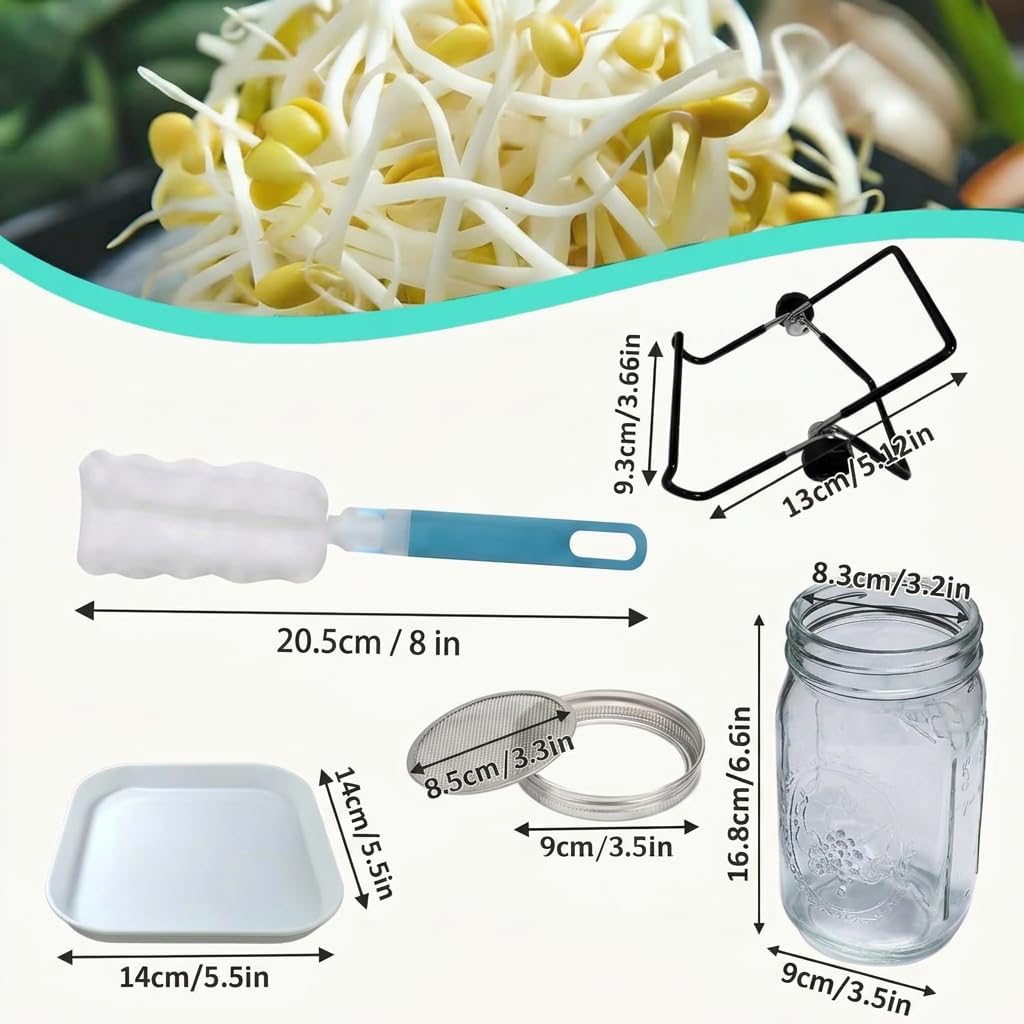 4 Pack Wide Mouth Sprouting Jar Kit, Lids, Stands, Trays & Cleaning Brushes | Glass Jar Set with with Stainless Steel