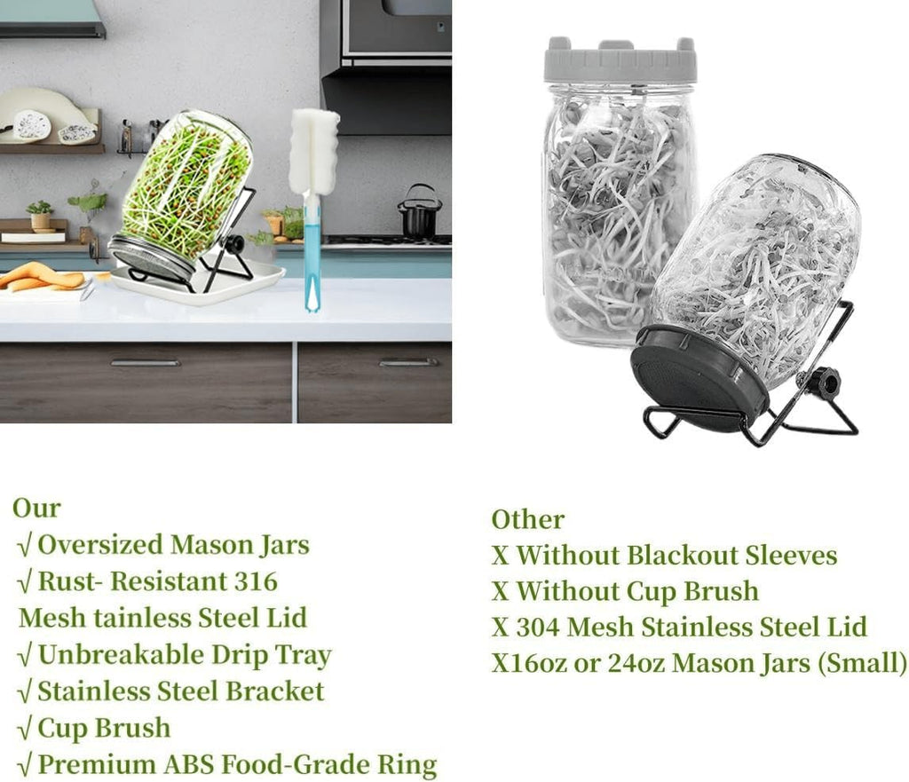 Lulonpon 4 Sprouting Jar Kit, Wide Mouth Quart Mason Jars with Stainless Steel Screen Sprout Lids