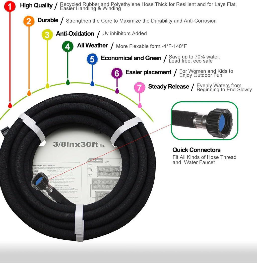 Short Soaker Hose 15ft -5/8 Round Rubber Garden Soaker Hoses, Heavy Duty Irrigation Drip Hose, Durable Seeper Water