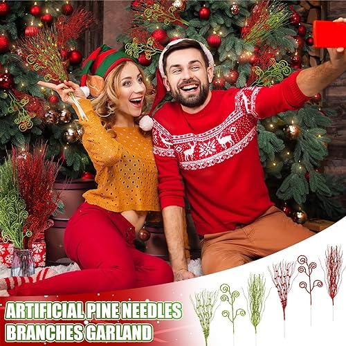 Tigeen 48 Pcs Christmas Tree Picks Glitter Curly Berry Stems,Red Green