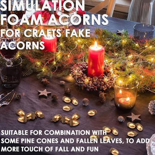 AKOAK 30 Pcs Artificial Acorns with Natural Acorn Cap, Lifelike Fake Oak Nut, Simulation Fruit Props for DIY Crafting, Wedding, House Decor Christmas Decoration Fall Table Scatter （Golden）