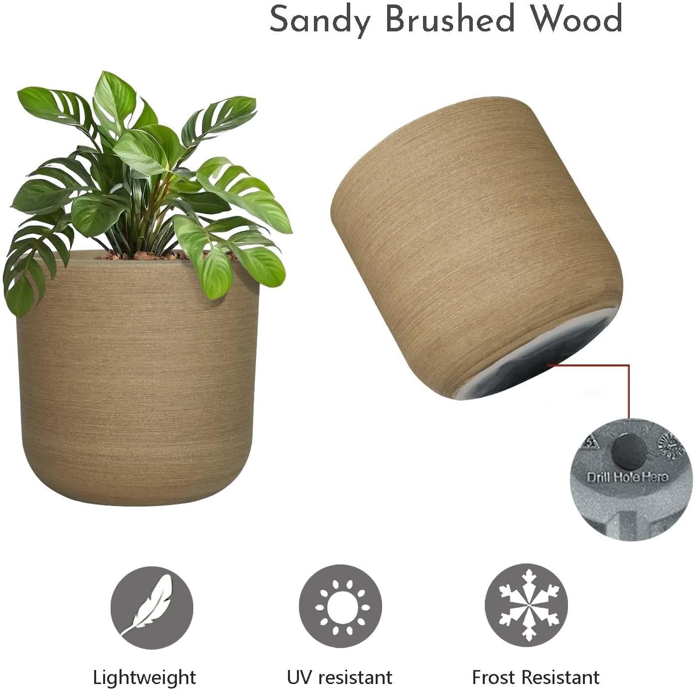 11" H Plant Pot, Resin Wood Texture with Drain Hole + Removable Stopper | UV-Resistant, Weatherproof, for Indoor