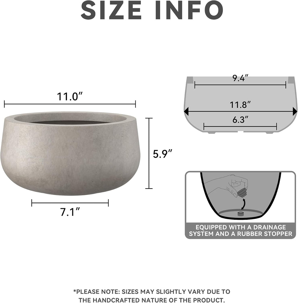Kante Small Round Bowl Weathered Concrete Planter 11" Dia, Outdoor | Rubber Plug for Indoor, Drainage for Garden