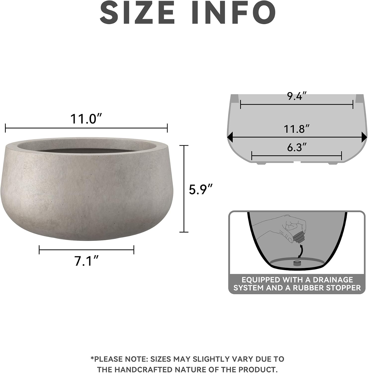 Kante Small Round Bowl Weathered Concrete Planter 11" Dia, Outdoor | Rubber Plug for Indoor, Drainage for Garden