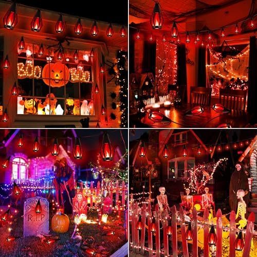 iBaycon 42FT 15 LED Solar Flame Halloween String Lights Outdoor, Red