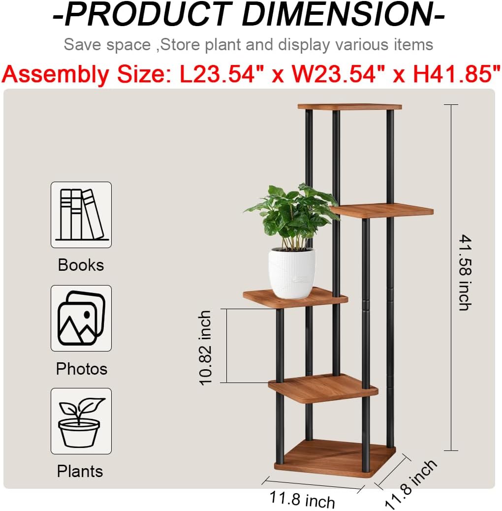 5 Tier Tall Plant Stand Indoor Corner Tiered Shelf Metal MDF Board | Sturdy Metal Frame,Space-saving Tiered Design