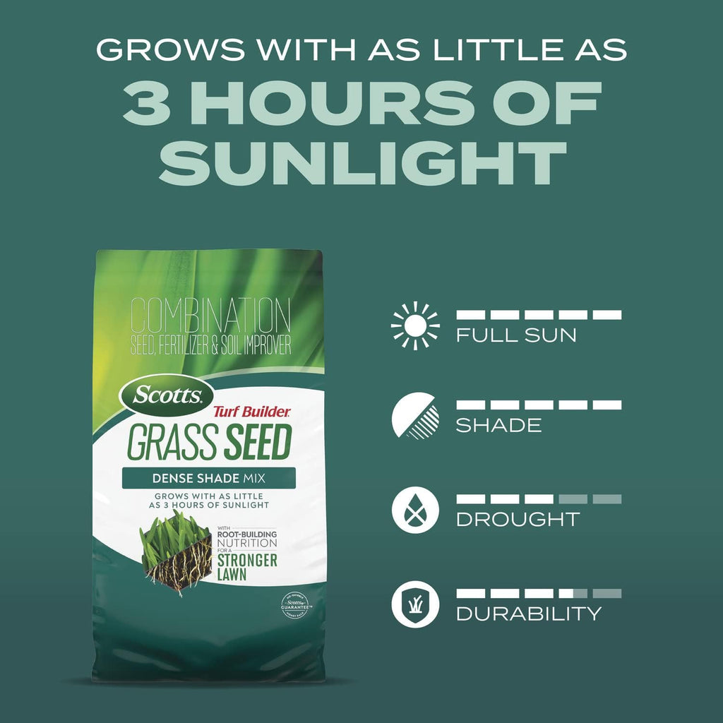 Scotts Turf Builder Grass Seed Dense Shade Mix, 5.6 lbs. | Grass Seed Plus Lawn Fertilizer & Soil Improver, Grows With