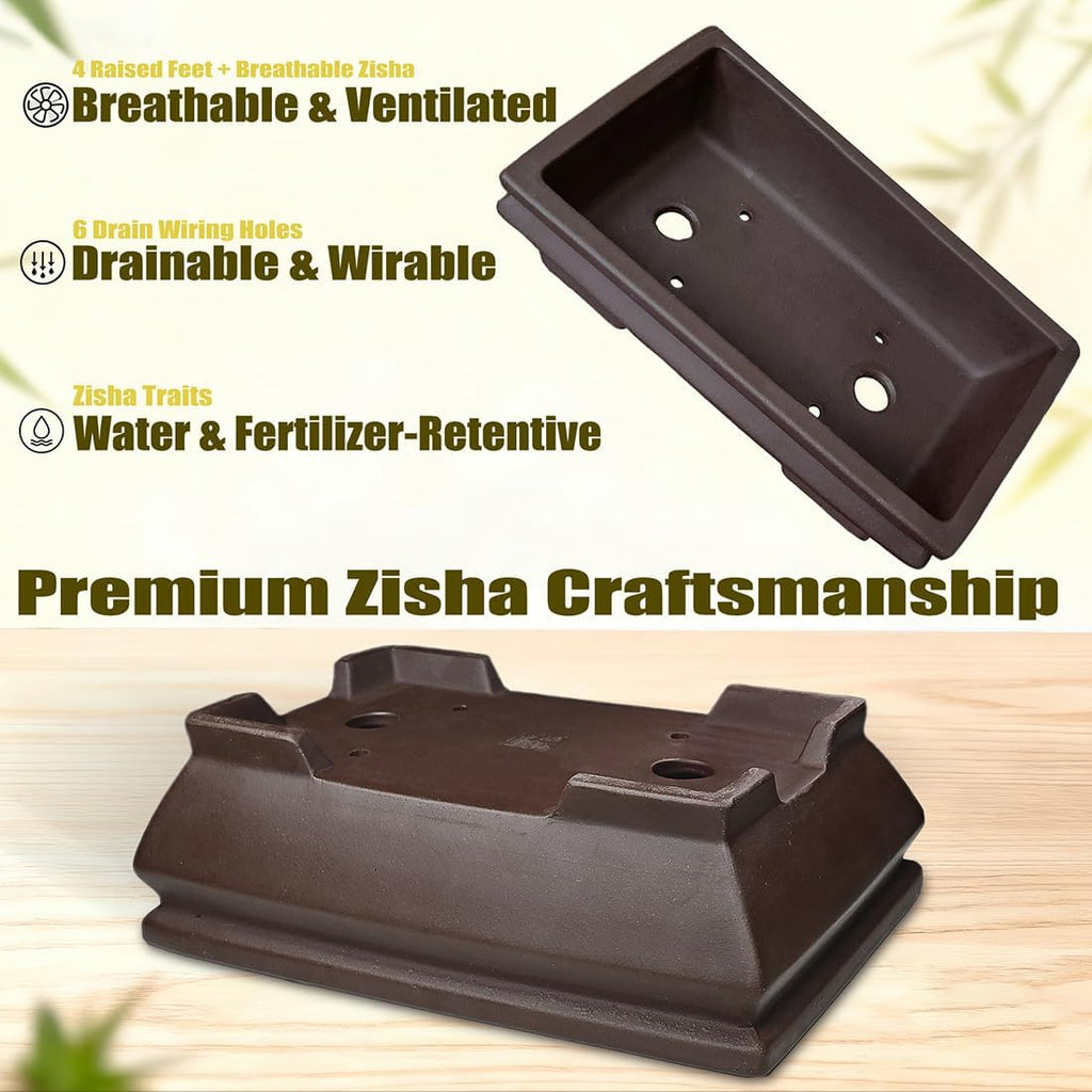 MUZHI Unglazed Ceramic Bonsai Pot with Drainage Tray, Rectangle Vintage Brown Bonsai Planter with 4 Raised Feet for