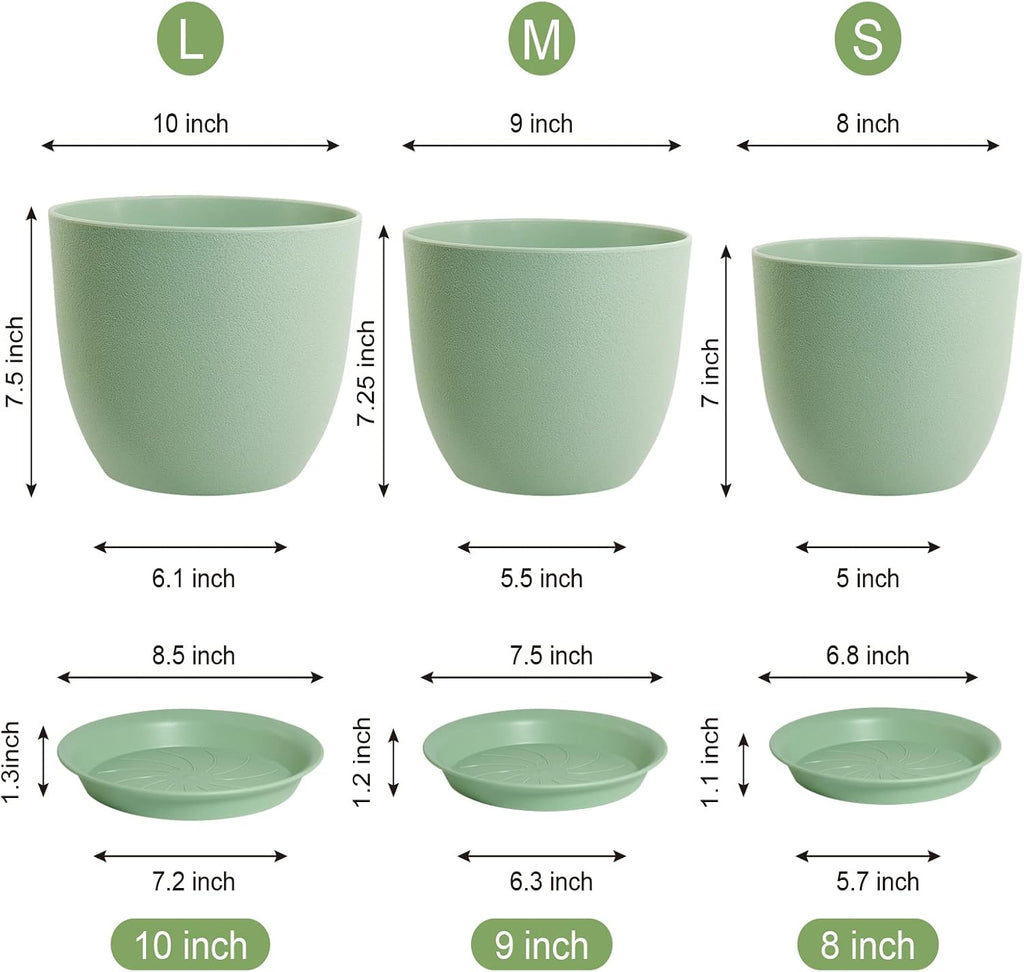 WOUSIWER Plant Pots 10/9/8 inch, Set of 3 Modern Decorative Plastic Planters with Drainage Holes and Saucers for House