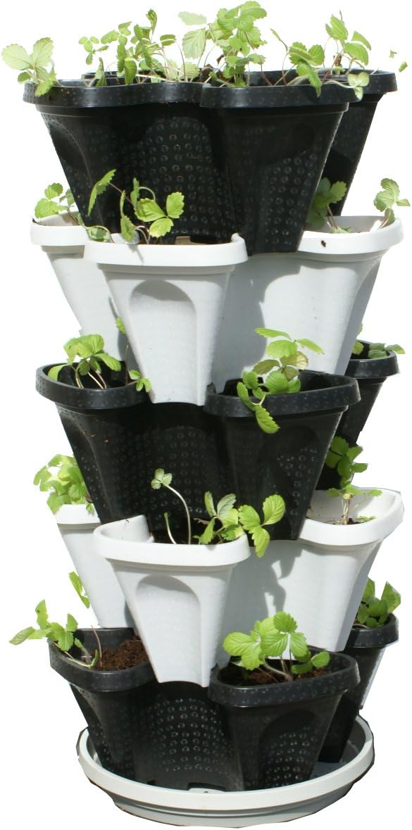5 Tier Black & Grey Stackable Strawberry Garden - Vertical Gardening Planter Set