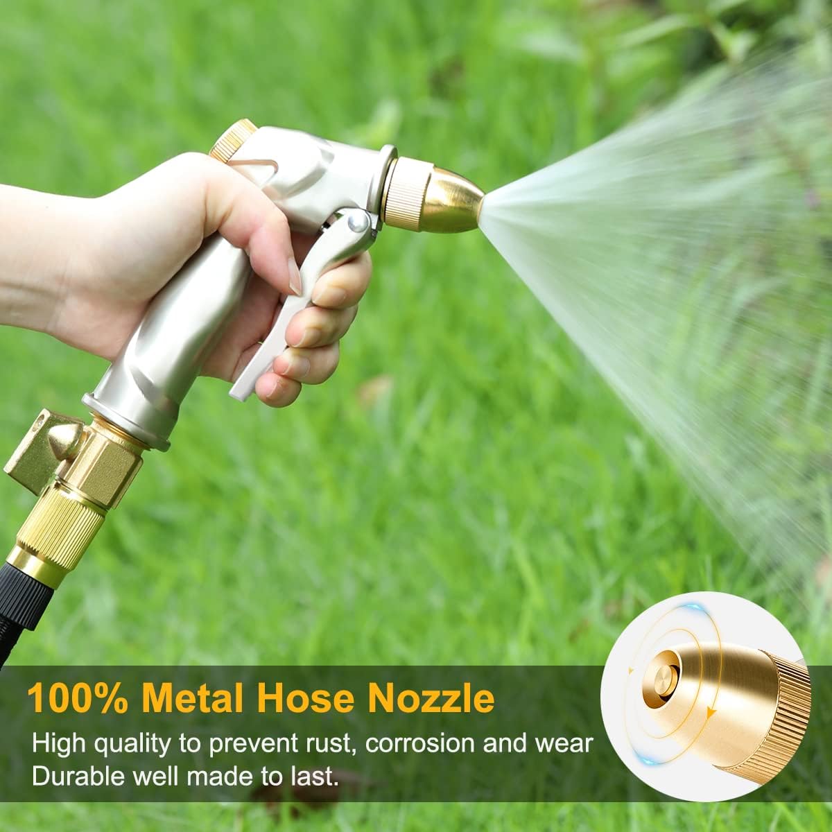 FANHAO 100% Metal Garden Hose Nozzle Heavy Duty, Leakproof, High Pressure | Rustproof Zinc Alloy, Hands-Free Lock