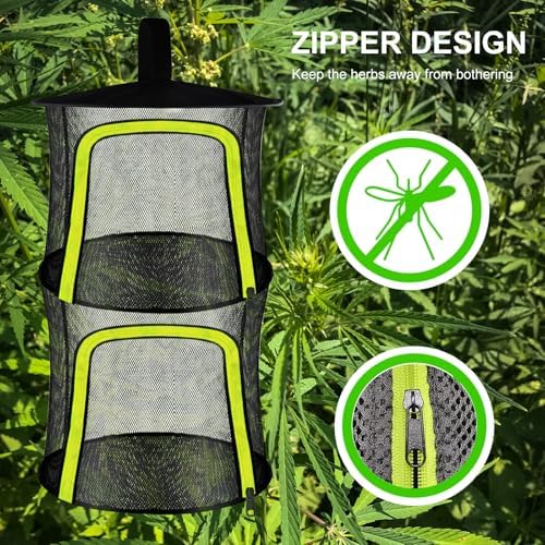 2 Layer Herb Drying Rack, Small Herb Drying Rack Hanging Mesh, Foldable Fish Drying Net with U-Shaped Zipper, Hooks, for Drying Herbs Plants, Flowers, Fruits, Food, Camping(2 Layers-11.81'')