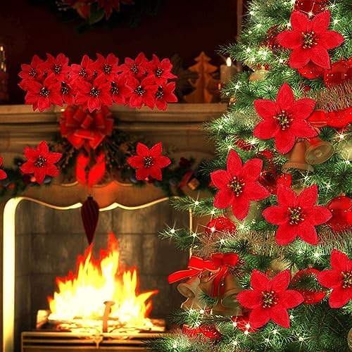 meekoo 48 Pcs Xmas Artificial Poinsettia Flowers 7 Heads W Stem, Red