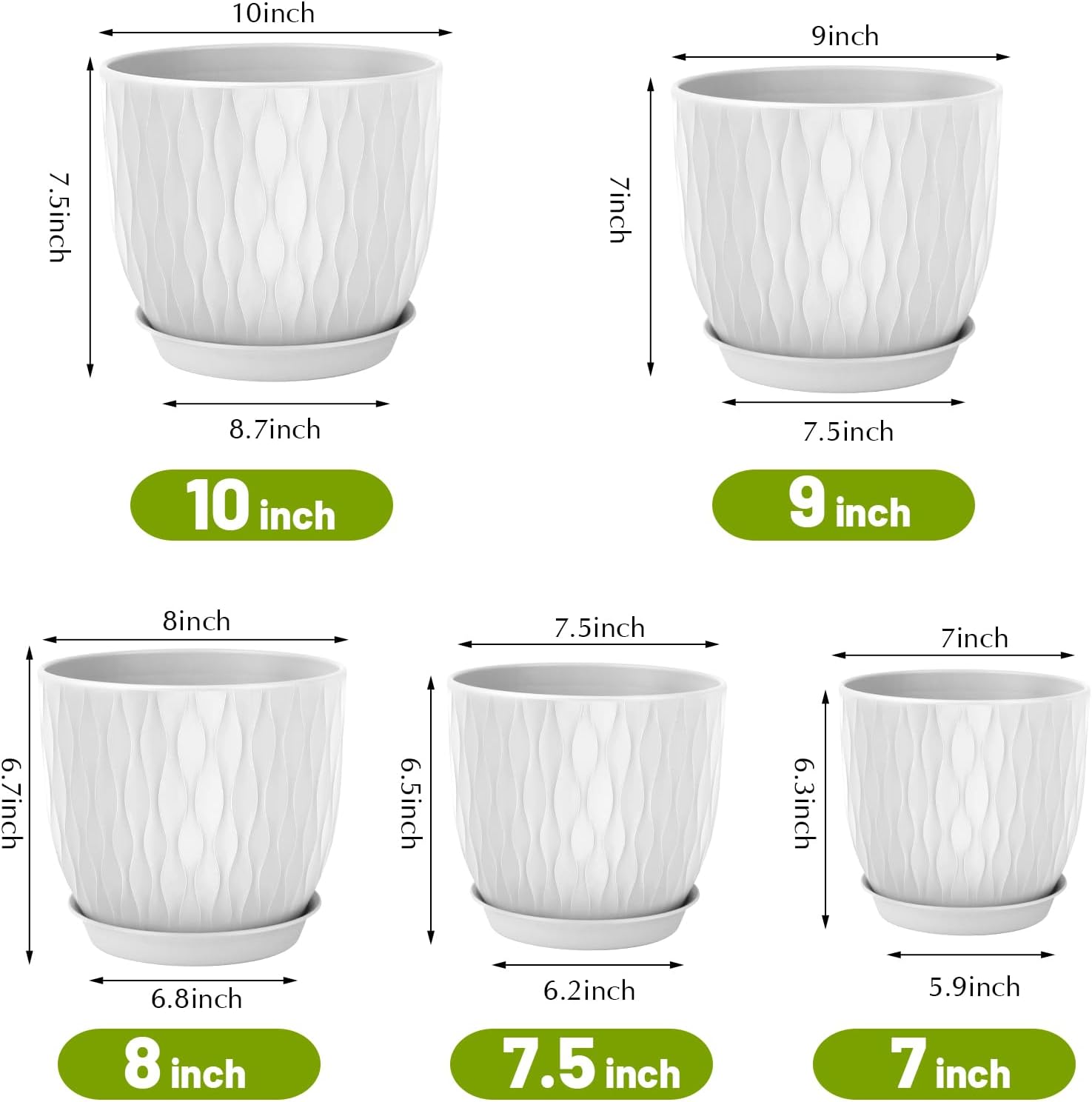 Plastic Plant Pots 10/9/8/7.5/7 inch Set of 5, Flower Planters with Drainage Holes and Saucers, Plastic Pots for Indoor