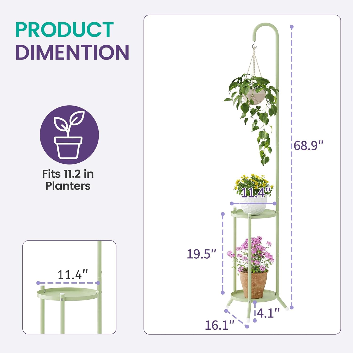 2-Tier Metal Plant Stand with Hanging Hook,Green | rustproof iron shelf for indoor/outdoor use. Holds planters, bird