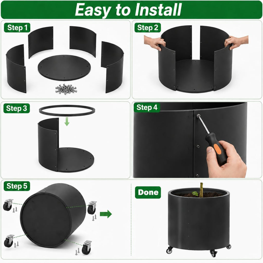 2 Pack Rolling Planter for Tree,Large Metal Tree Pots for Outdoor | 22"x 24" Round Planter Box with 4 Drainage Holes &