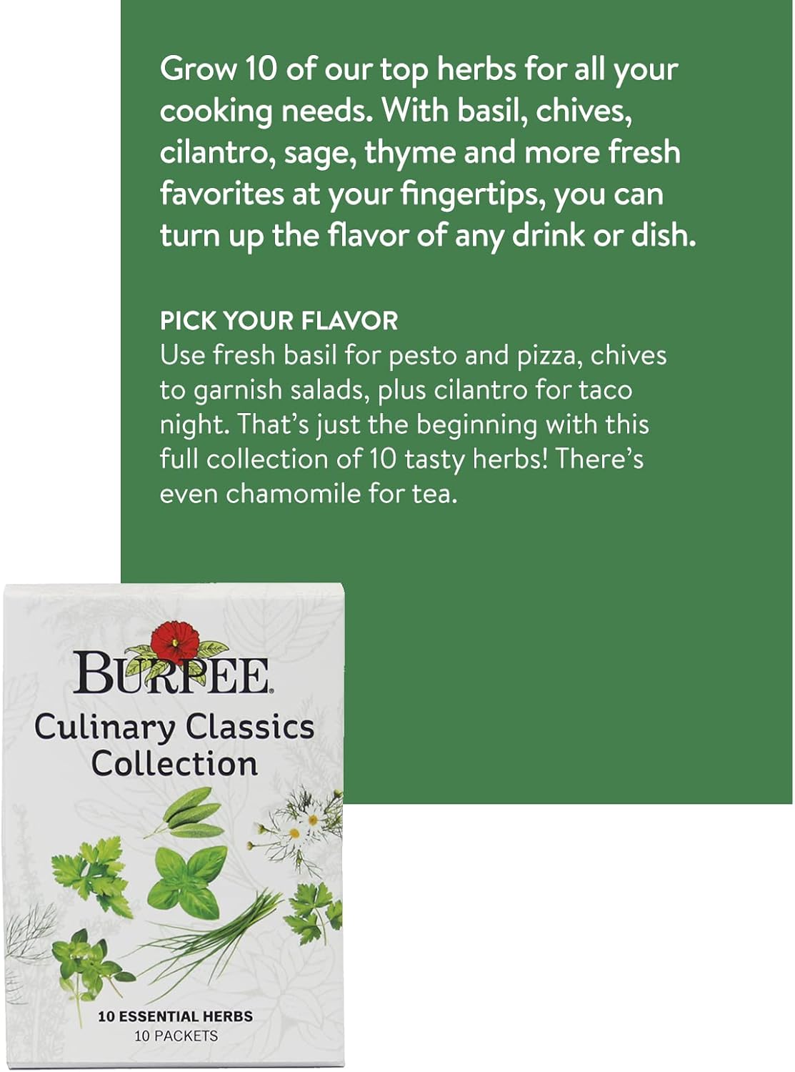 Burpee Culinary Classics Garden Collection 10 Packets of Non-GMO Chives, Cilantro, Basil, Sage, Thyme, Dill, Parsley
