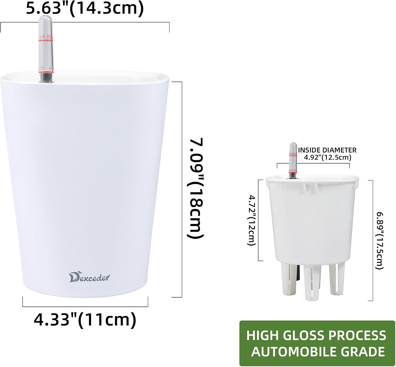 Dexceder 6x7 Self Watering Planter (White) | High Gloss Table Flower Plant Pot with Water Level Indicator Indoor Outdoor