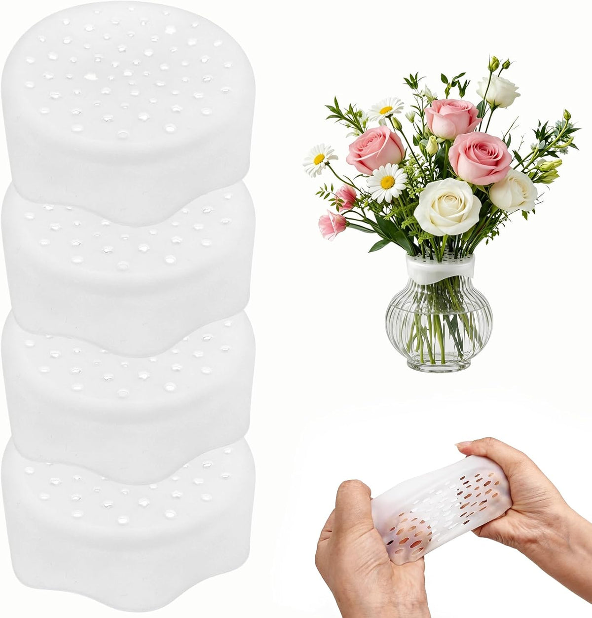 Clear Silicone Flower Stem Holder for Vases, Spiral Floral Arranger Grid, Flexible & Reusable Ikebana Tool, Waterproof DIY Flower Organizer for Home Decor, Easy to Use (White-4pcs)