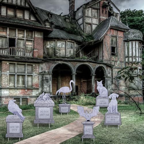 6PCS Halloween Outdoor Graveyard Signs Decorations Halloween Pet Cemetery Tombstones Yard Signs with Stakes Plastic Spider Bat Cat Dog Headstone Lawn Signs for Halloween Haunted House Mansion Supplies