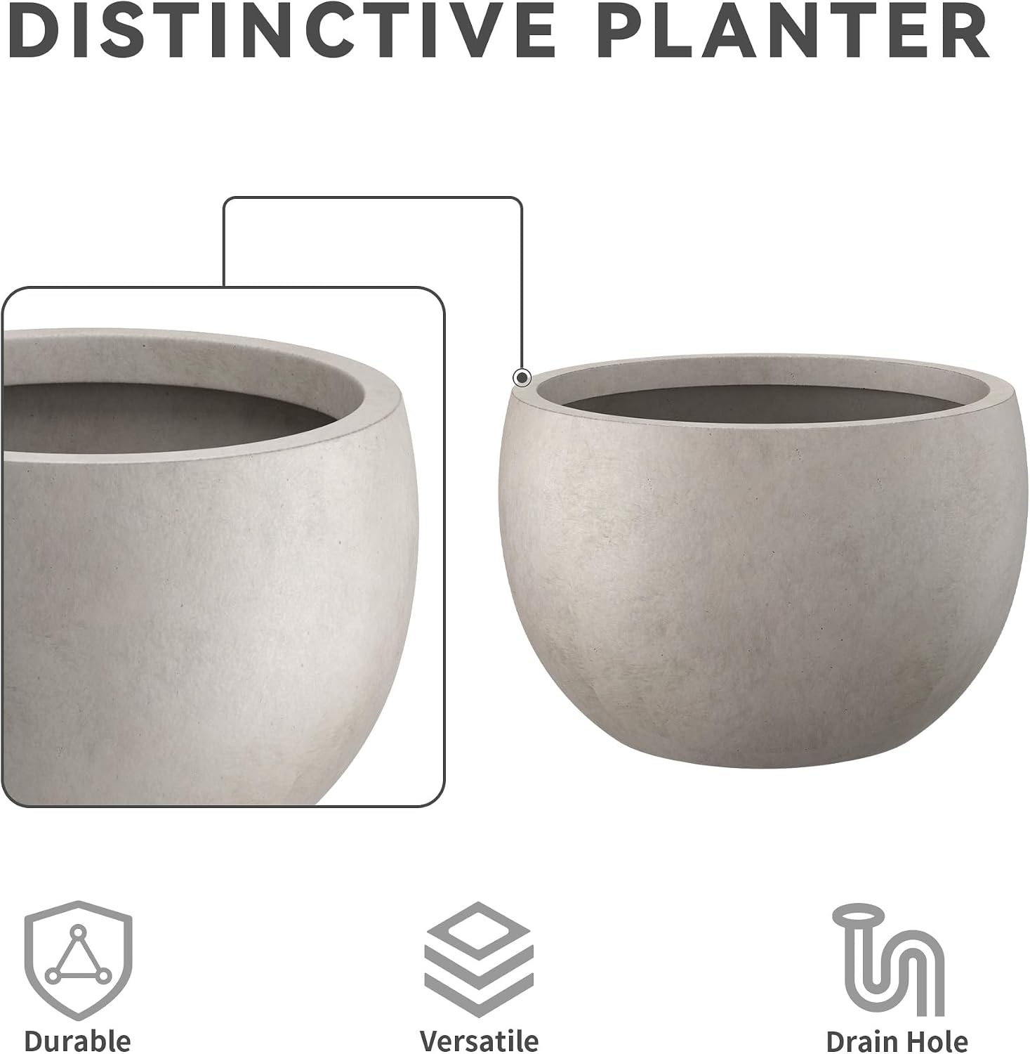 Kante Accent Round Bowl Weathered Concrete Planter 14.8" Dia, Outdoor | Rubber Plug for Indoor, Drainage for Garden
