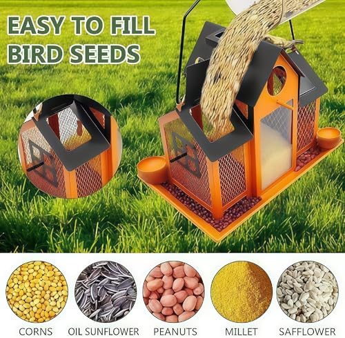 Solar Bird Feeders House for Outside Hanging, Metal Wild Bird Feeder for Outdoors Large Capacity Cardinal Birdfeeder Birdhouses Metal Bird Feeding Station Orange
