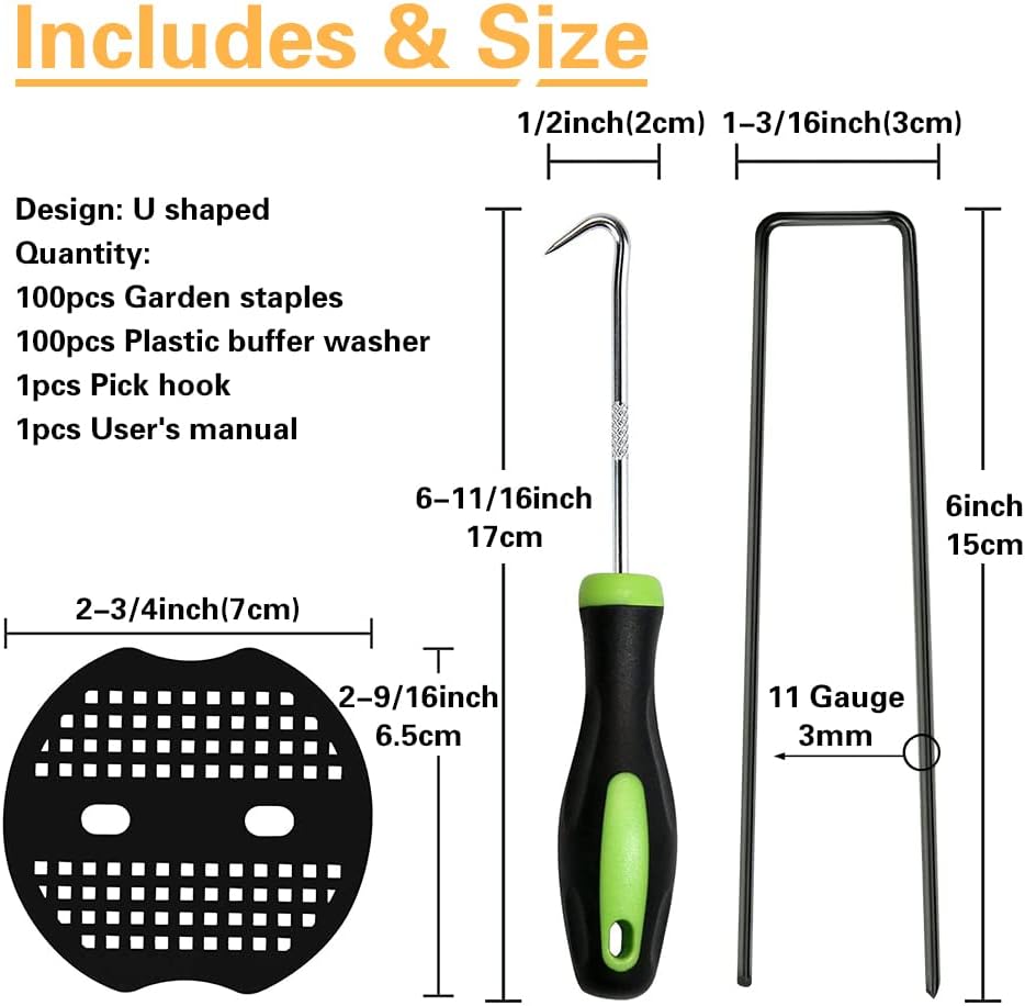 Bakulyor 100pcs Black Landscape Staples + 100pcs Buffer Washer, 6 Inch 11 Gauge Garden Stakes Staples, U Shaped