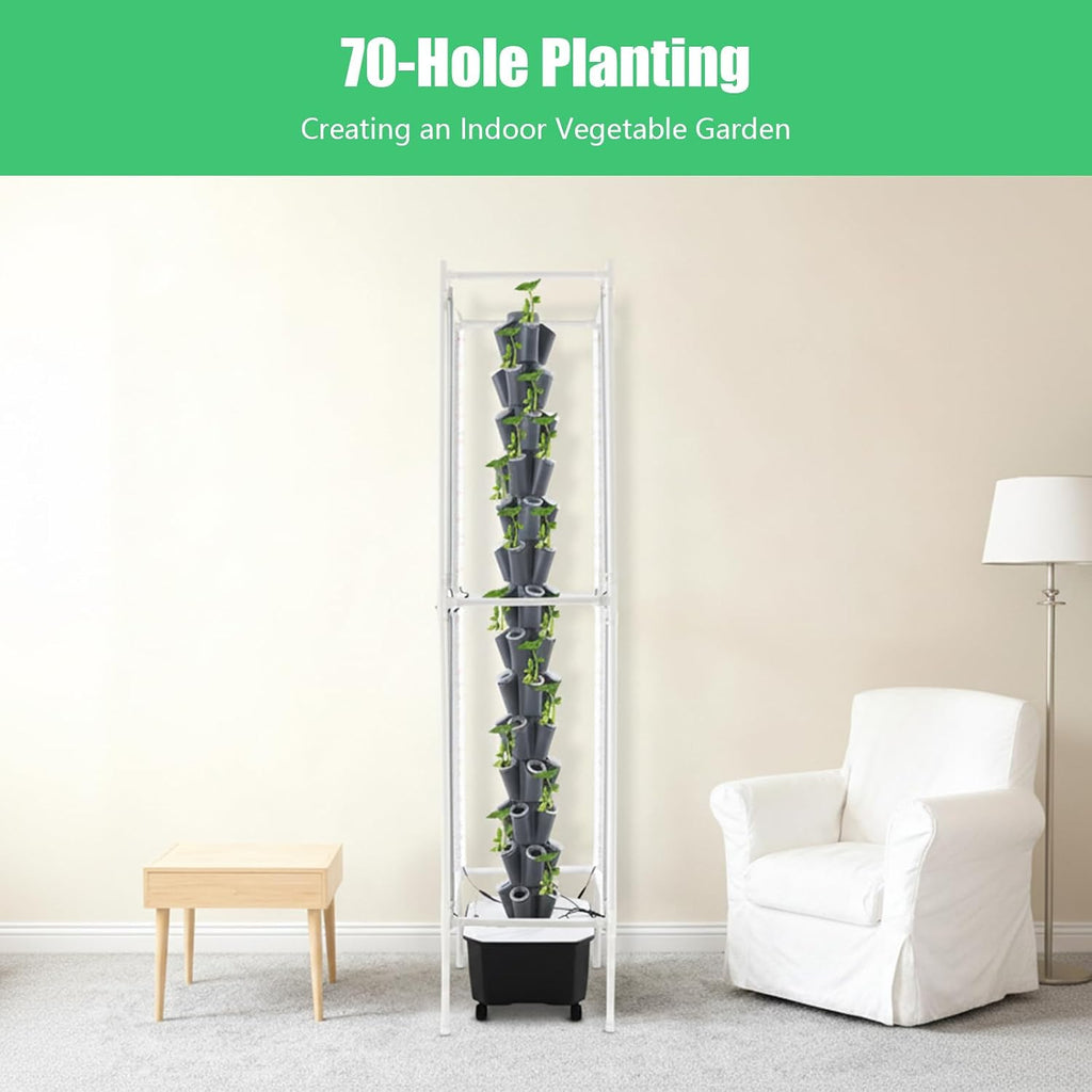 70 Holes Indoor Hydroponic Grow Tower with 8 LED Lights, 14 Layer Vertical Hydroponic Gardening Tower with Wheels
