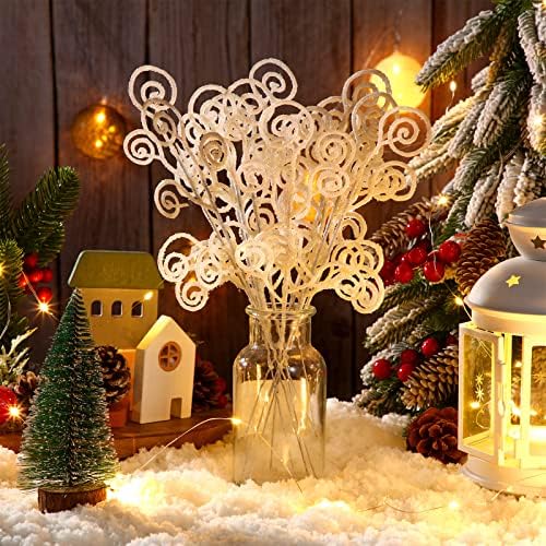 Ysleen 50 Pcs Glitter Tree Picks and Sprays Twigs Branches, White