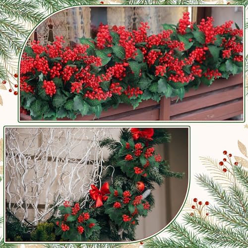 Ceenna 12 Pcs Christmas Artificial Poinsettia Flowers, Berry Stems, Holly