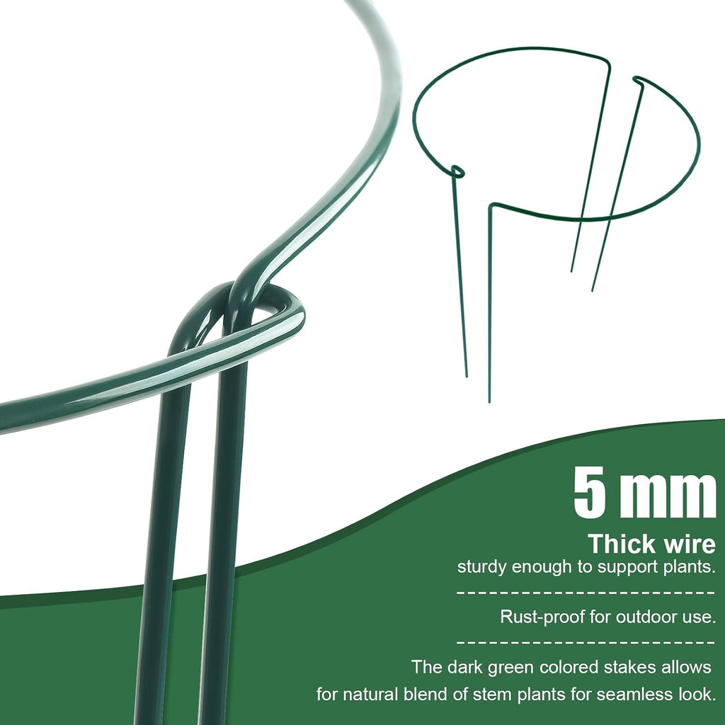 12 Pack Plant Support Stakes, Peony Cages and Supports, Metal Garden Plant Stake(10" Wide x 16" High) Green Half Round